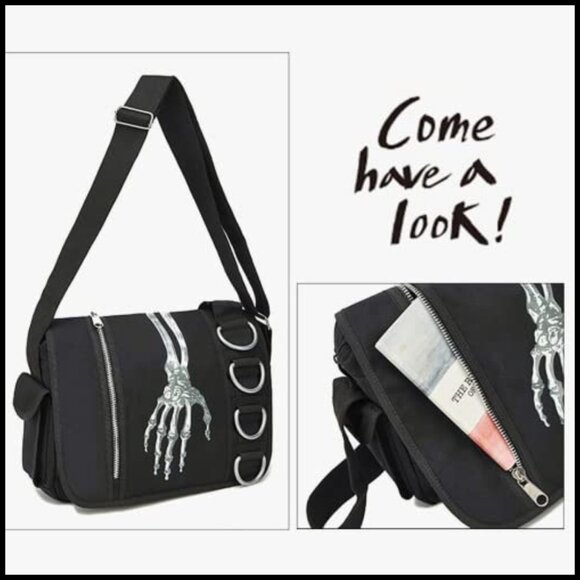 Gothic Canvas Backpack Y2K Grunge Messenger Bag Skull Print Hooded Shoulder main image 5